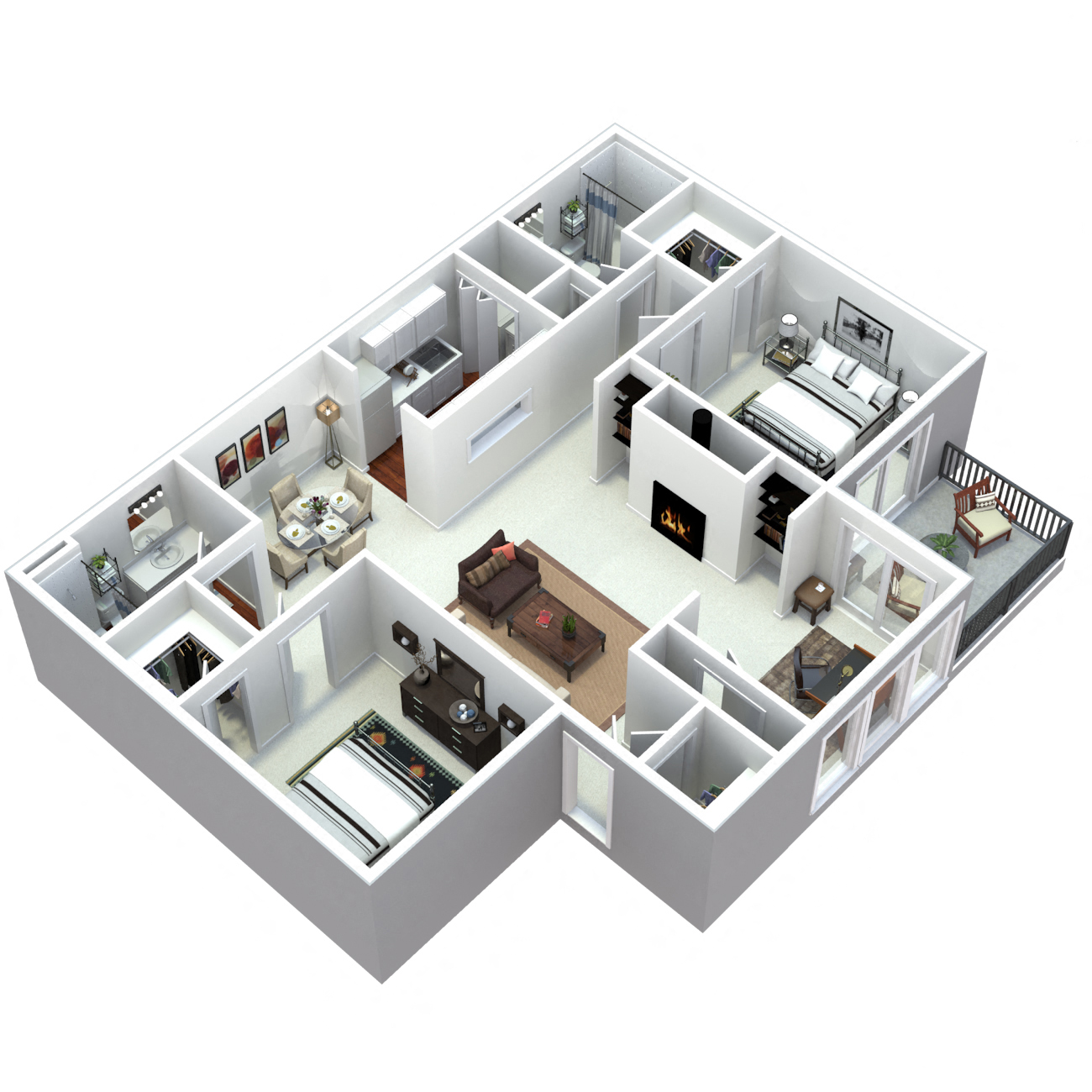 Floor plan for 2 beds, 2 baths, 1343 sqft